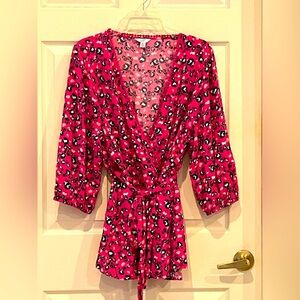 Pink animal print faux wrap top w/sash - 3X